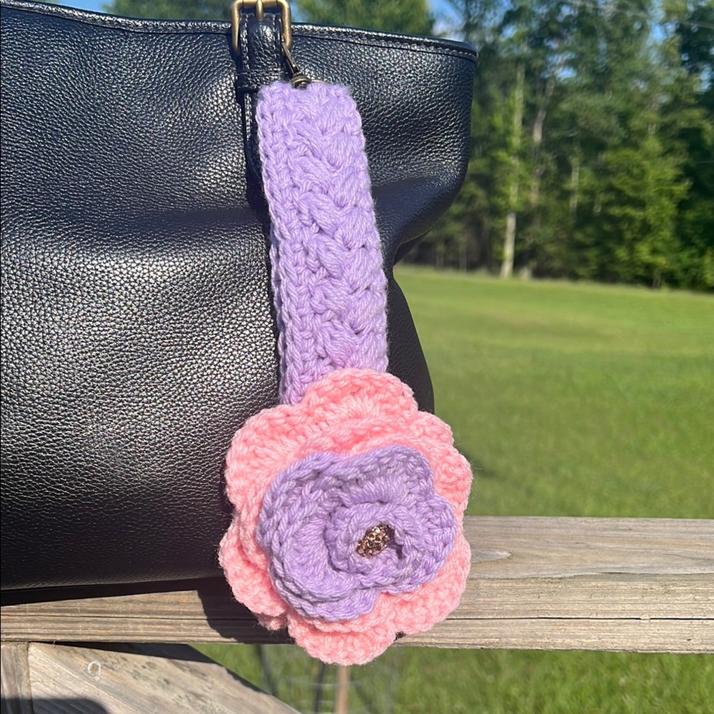 Handmade Rose Pink and Purple Crochet Keychain Bag Charm - Picture 3 of 6